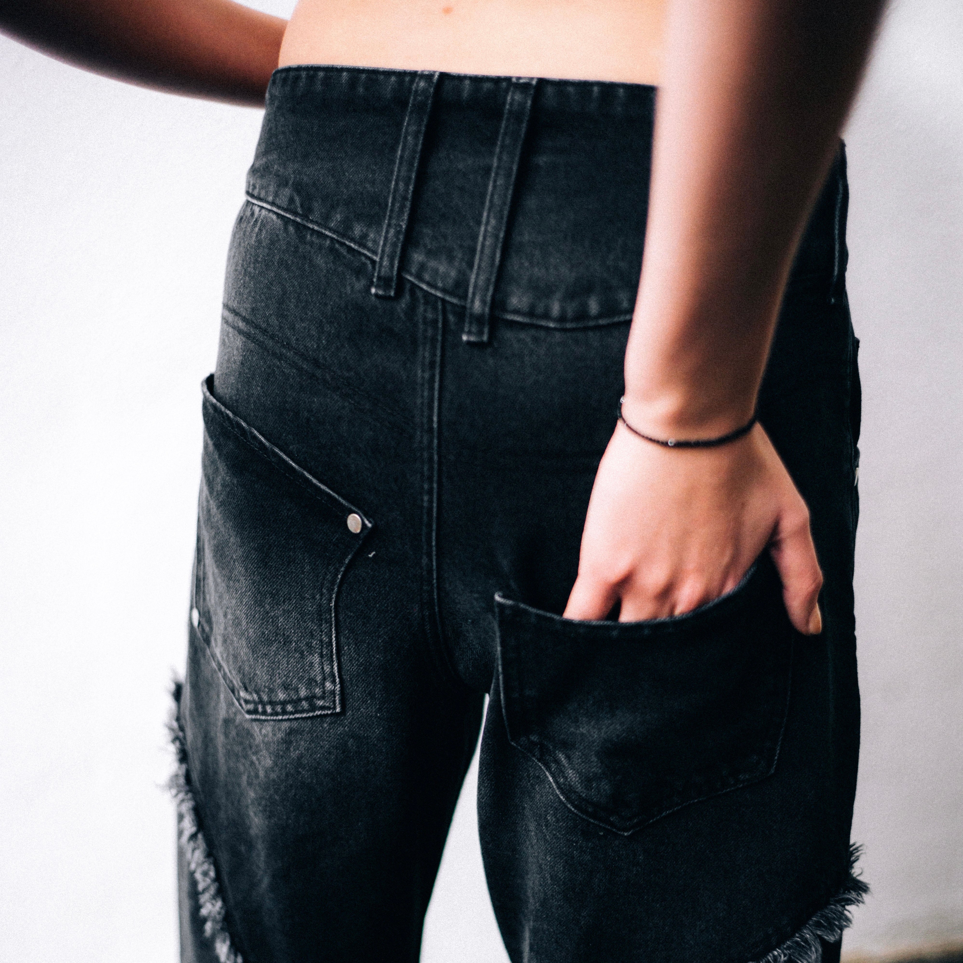 ASYMMETRICAL HANDCRAFTED CRAZY POCKET DENIM